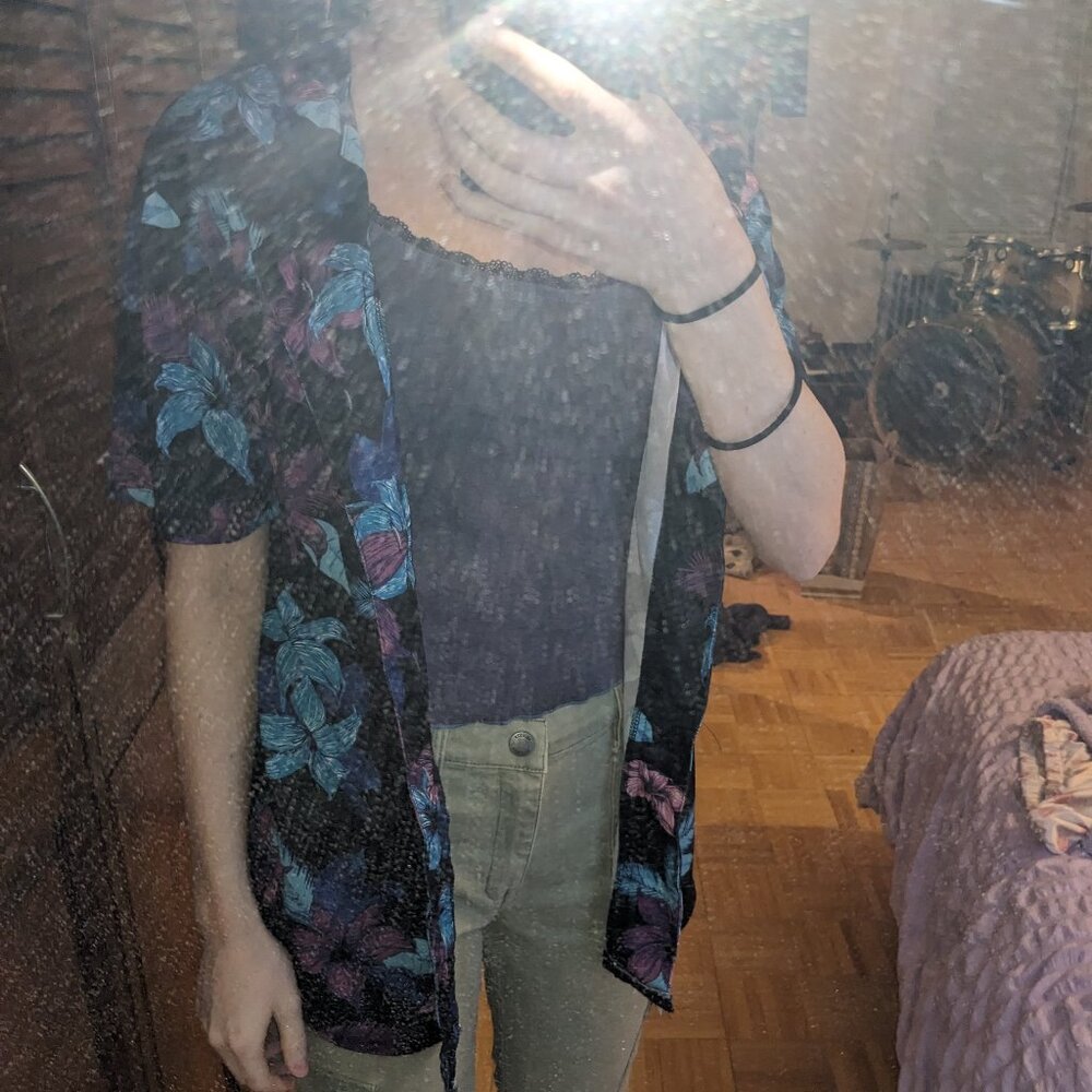 Black Floral Button down